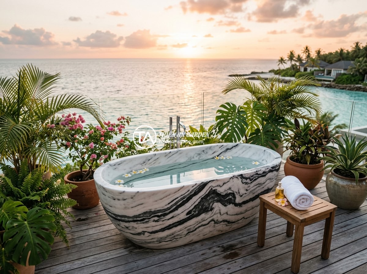 Bồn tắm đá trắng vân mây - Hình 4 Bồn tắm đá trắng vân mây - A freestanding white cloud-veined marble bathtub on a private terrace of a luxur