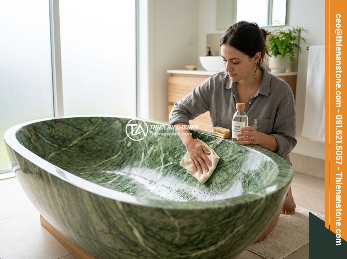 Bồn tắm đá xanh Ấn Độ - Hình 10 Bồn tắm đá xanh Ấn Độ - A person gently cleaning the surface of an Indian green stone bathtub with a sof