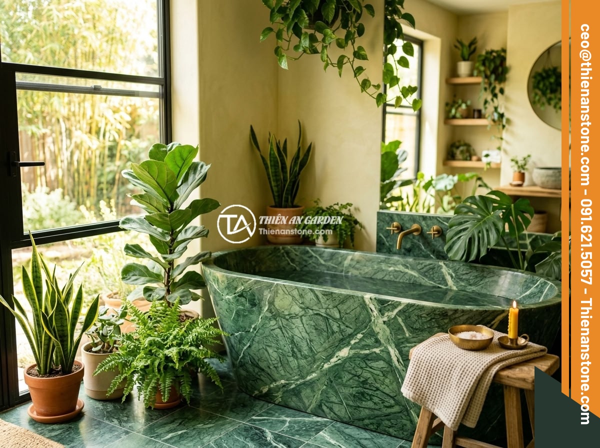 Bồn tắm đá xanh Ấn Độ - Hình 11 Bồn tắm đá xanh Ấn Độ - Feng shui inspired bathroom design featuring an Indian green stone bathtub posit