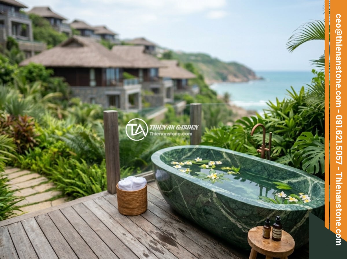 Bồn tắm đá xanh Ấn Độ - Hình 12 Bồn tắm đá xanh Ấn Độ - A stunning outdoor Indian green stone bathtub at a five-star beachfront resort i