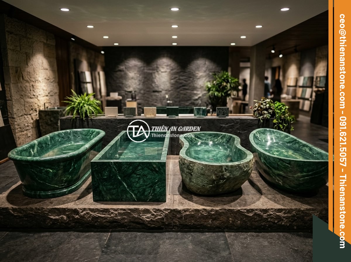 Bồn tắm đá xanh Ấn Độ - Hình 13 Bồn tắm đá xanh Ấn Độ - A showroom display of four different styles of Indian green stone bathtubs - ova