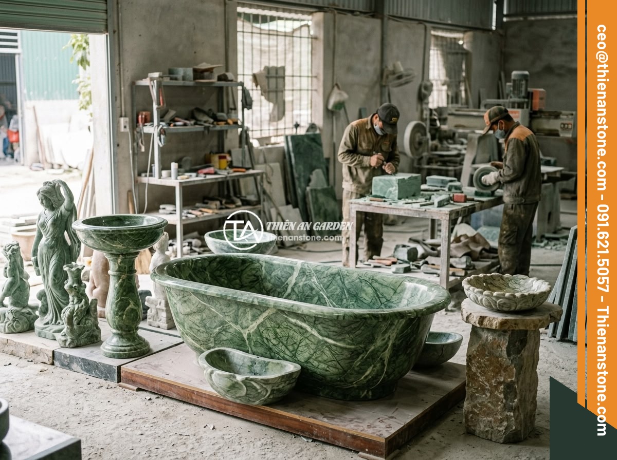 Bồn tắm đá xanh Ấn Độ - Hình 14 Bồn tắm đá xanh Ấn Độ - The Da Canh Thien An stone workshop and showroom displaying various Indian green