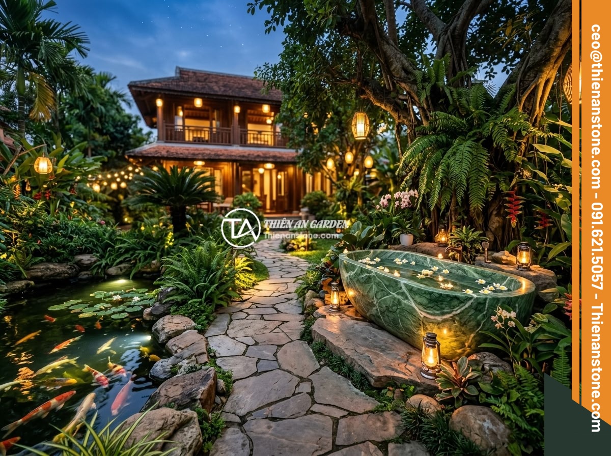 Bồn tắm đá xanh Ấn Độ - Hình 15 Bồn tắm đá xanh Ấn Độ - A serene evening scene of a completed luxury Vietnamese villa garden project by