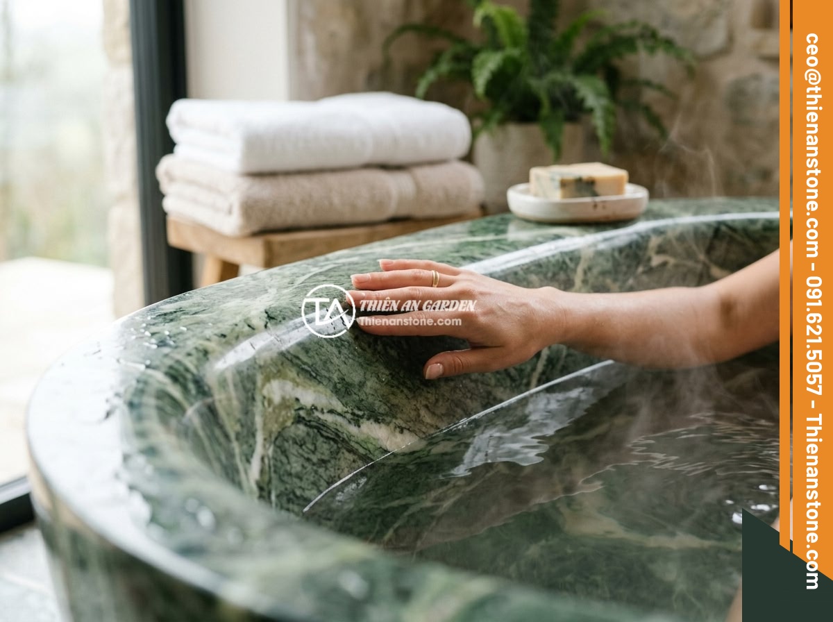 Bồn tắm đá xanh Ấn Độ - Hình 3 Bồn tắm đá xanh Ấn Độ - A hand gently touching the polished interior surface of an Indian green stone ba