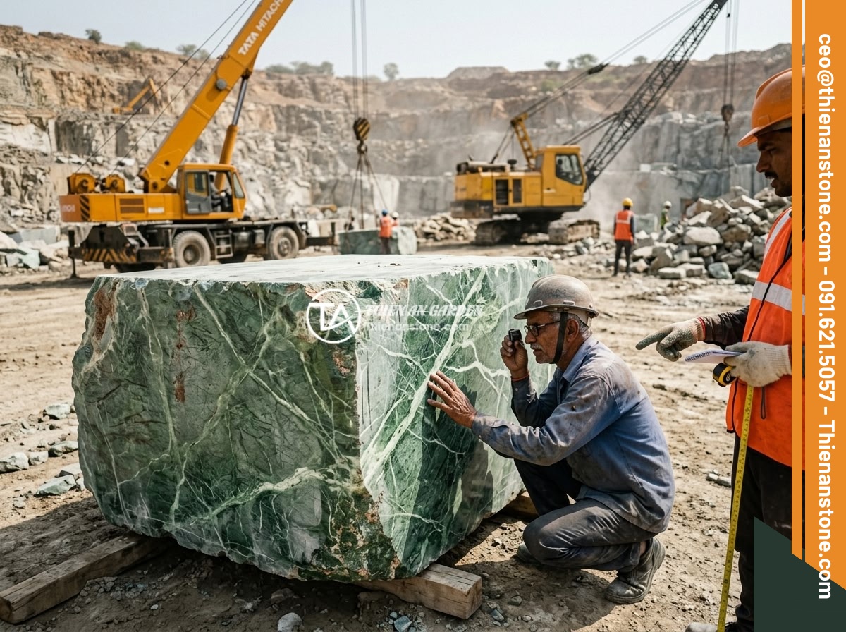 Bồn tắm đá xanh Ấn Độ - Hình 4 Bồn tắm đá xanh Ấn Độ - A massive raw Indian green stone block being carefully inspected at a stone quar