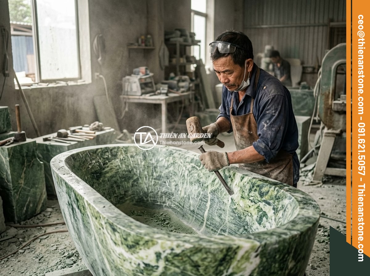 Bồn tắm đá xanh Ấn Độ - Hình 5 Bồn tắm đá xanh Ấn Độ - A skilled Vietnamese stone artisan carefully hand-carving the interior of a larg