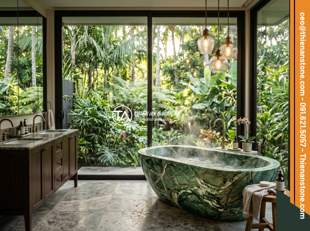 Bồn tắm đá xanh Ấn Độ - Hình 6 Bồn tắm đá xanh Ấn Độ - An Indian green stone freestanding bathtub inside a luxurious master bathroom su
