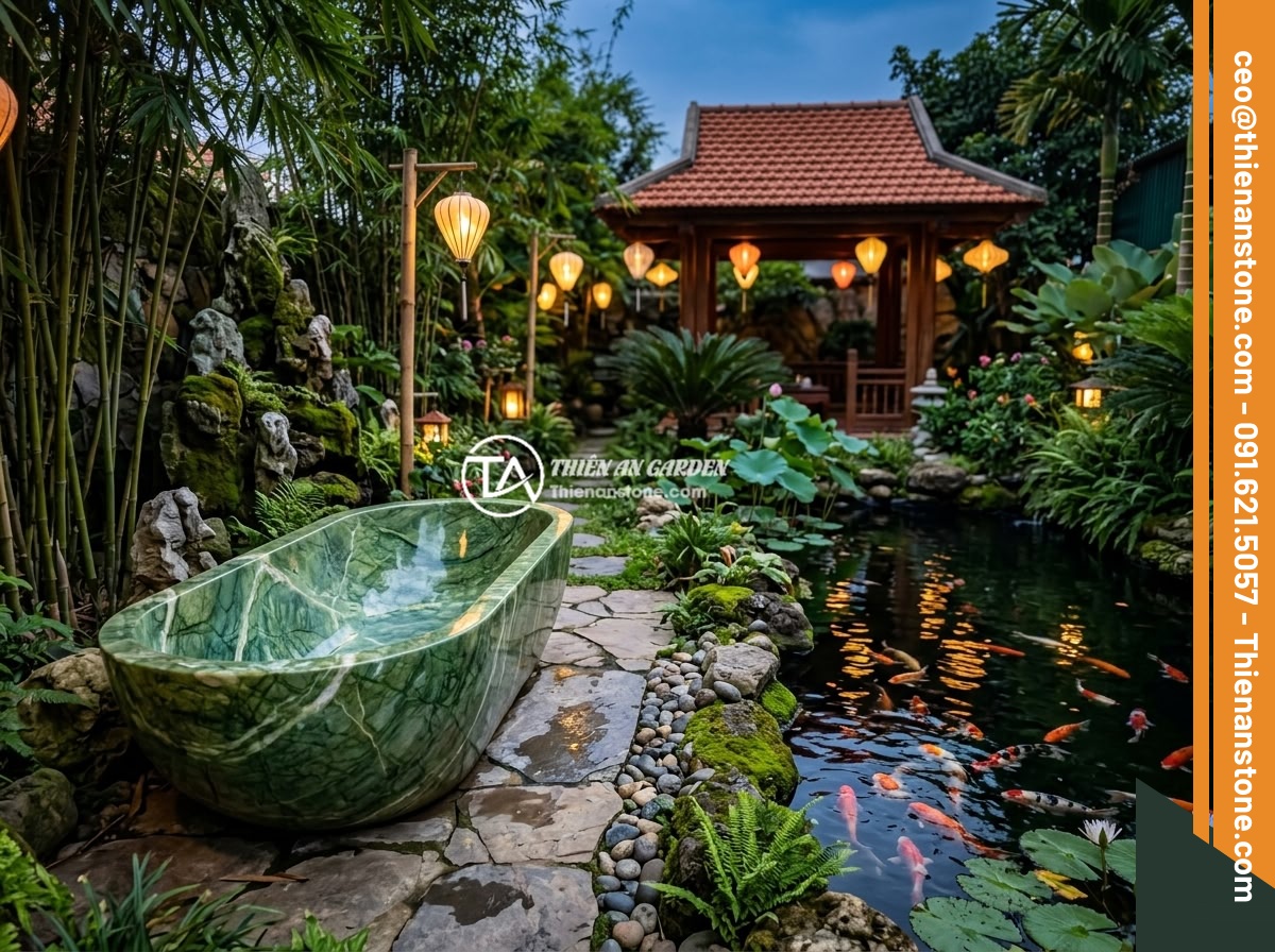 Bồn tắm đá xanh Ấn Độ - Hình 7 Bồn tắm đá xanh Ấn Độ - An Indian green stone bathtub positioned beside a beautiful Koi fish pond in a t
