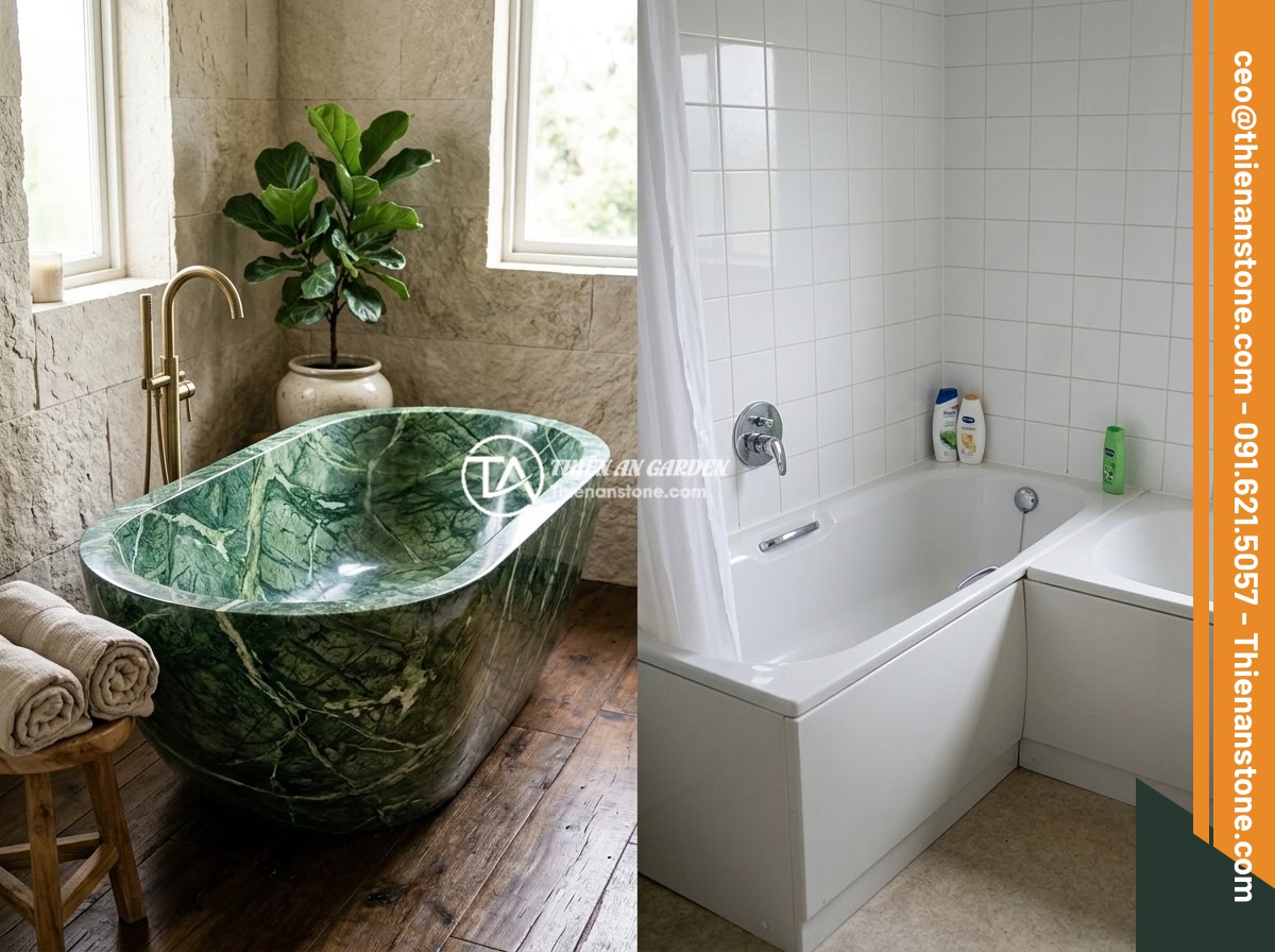 Bồn tắm đá xanh Ấn Độ - Hình 8 Bồn tắm đá xanh Ấn Độ - A comparison scene showing an Indian green stone bathtub in a luxury setting nex
