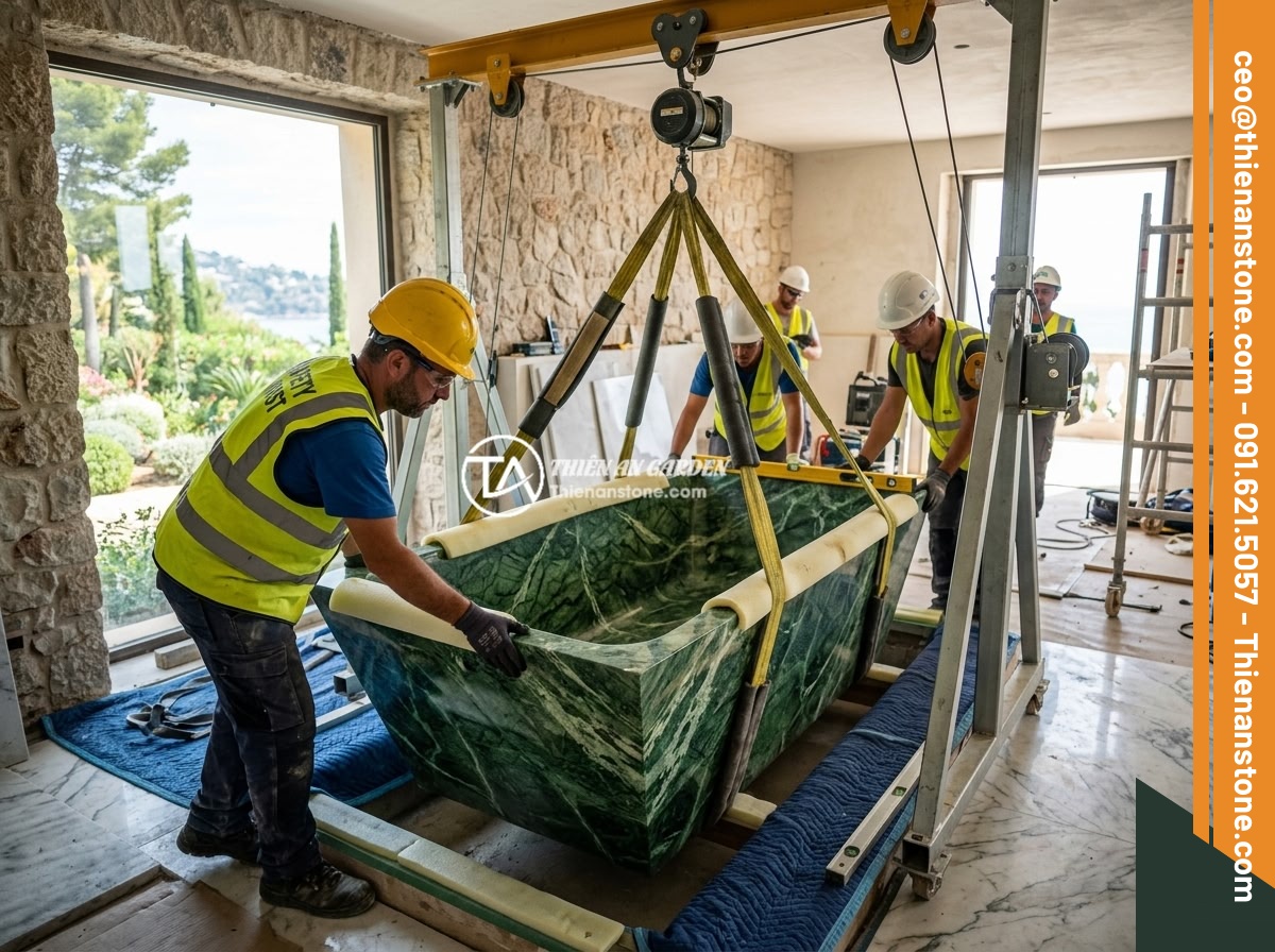 Bồn tắm đá xanh Ấn Độ - Hình 9 Bồn tắm đá xanh Ấn Độ - Professional installation team carefully positioning a large Indian green stone