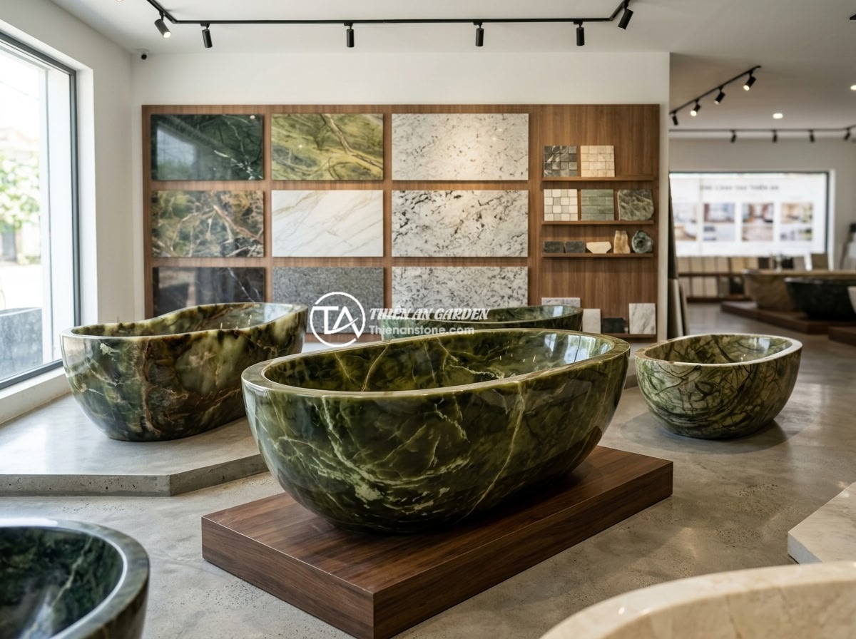 Bồn tắm đá xanh Serpentine - Hình 12 Bồn tắm đá xanh Serpentine - Professional showroom display of Đá Cảnh Thiên An featuring multiple serpentine