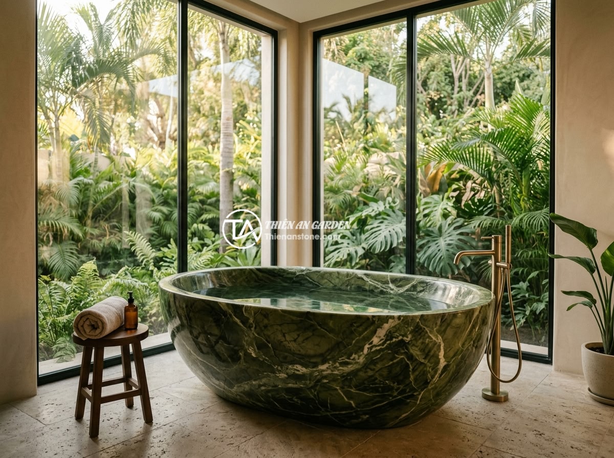 Bồn tắm đá xanh Serpentine - Hình 2 Bồn tắm đá xanh Serpentine - A polished serpentine stone bathtub placed in a luxury villa bathroom with floor