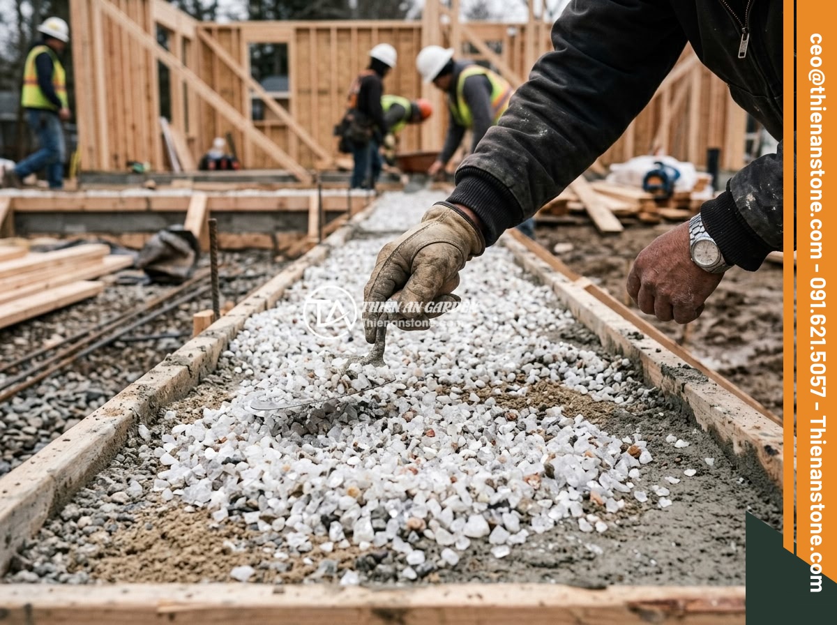 Cách Rải Đá Thạch Anh Vụn Dưới Nền Nhà Đúng Kỹ Thuật Phong Thủy - Close-up of crushed quartz crystals being spread evenly on a house foundation ba