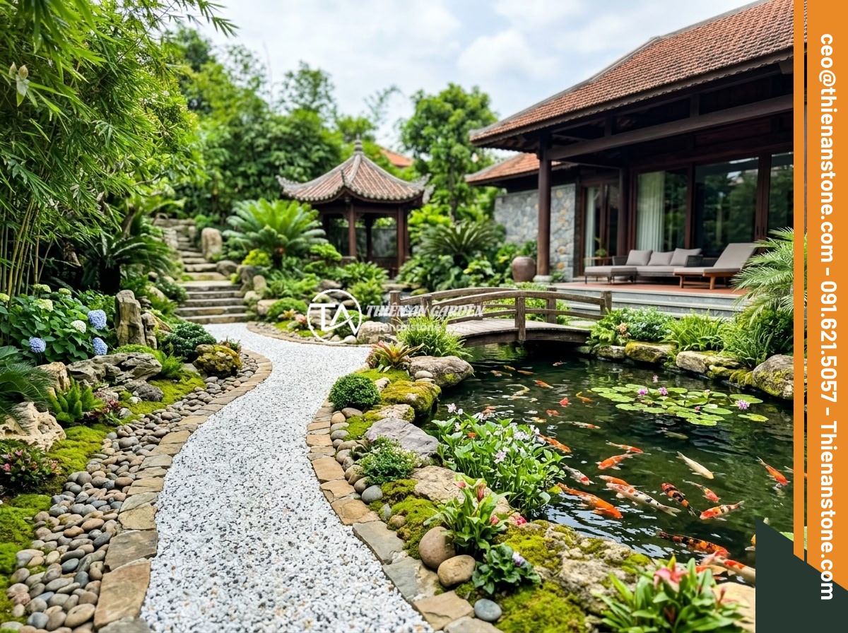 Cách Rải Đá Thạch Anh Vụn Dưới Nền Nhà Đúng Kỹ Thuật Phong Thủy - Hình 10 Cách Rải Đá Thạch Anh Vụn Dưới Nền Nhà Đúng Kỹ Thuật Phong Thủy - Beautiful Vietnamese garden landscape design with koi pond, natural stone arrang