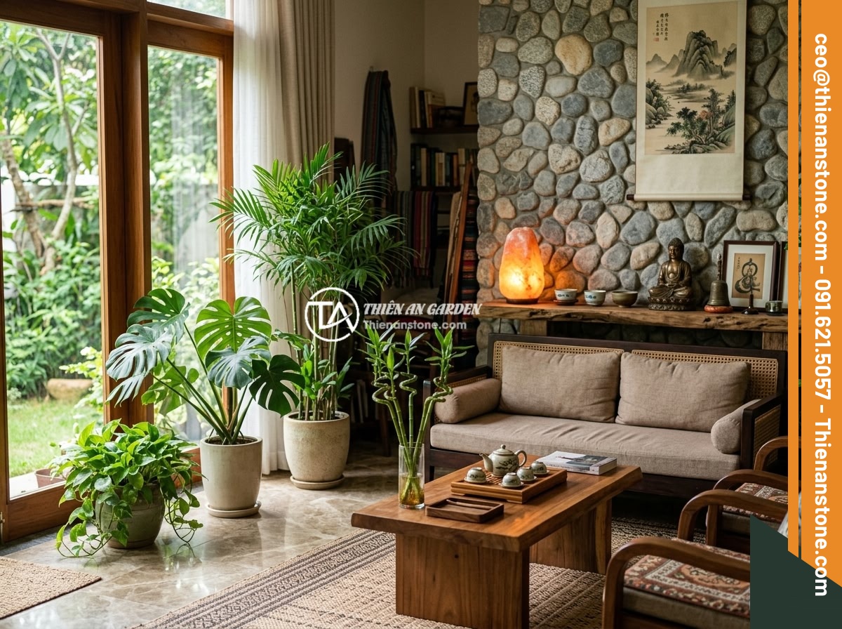 Cách Rải Đá Thạch Anh Vụn Dưới Nền Nhà Đúng Kỹ Thuật Phong Thủy - Hình 11 Cách Rải Đá Thạch Anh Vụn Dưới Nền Nhà Đúng Kỹ Thuật Phong Thủy - Peaceful and harmonious Vietnamese living room interior with natural stone eleme
