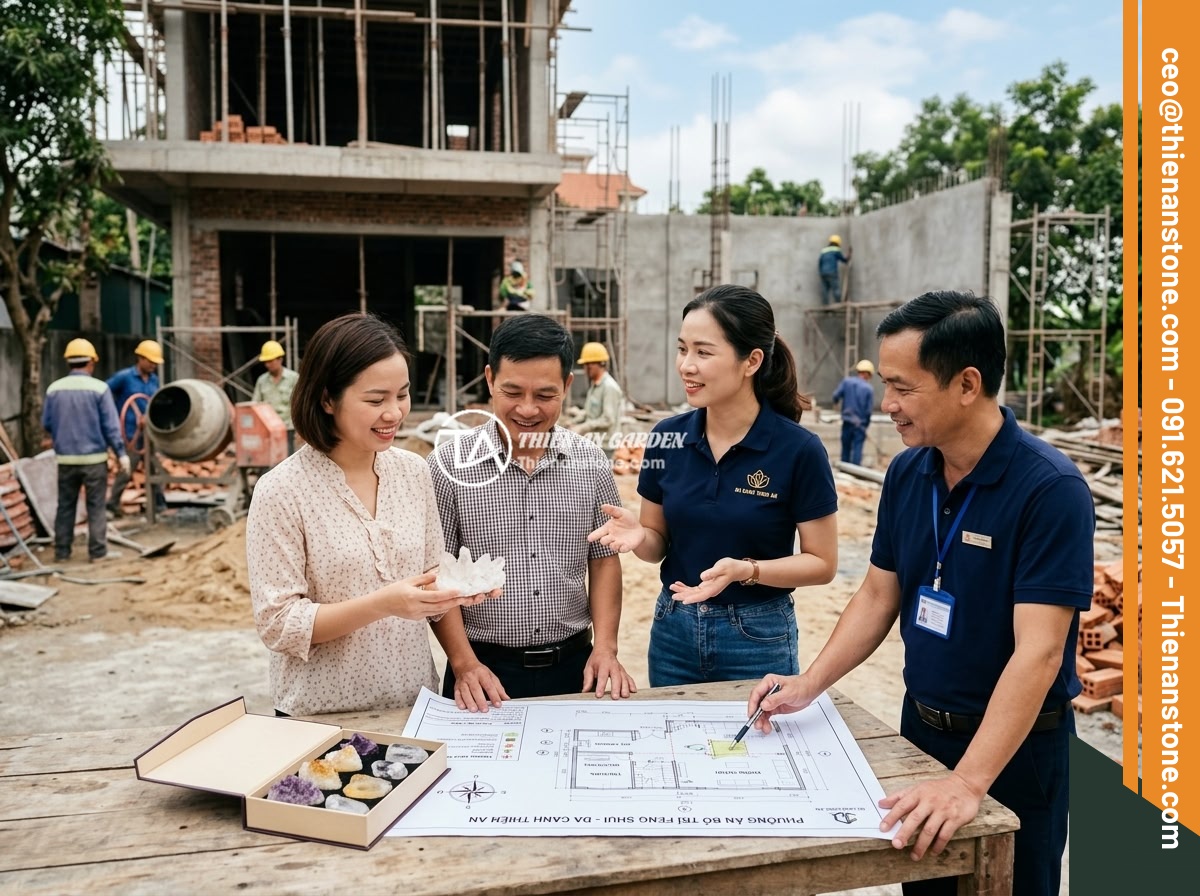 Cách Rải Đá Thạch Anh Vụn Dưới Nền Nhà Đúng Kỹ Thuật Phong Thủy - Hình 12 Cách Rải Đá Thạch Anh Vụn Dưới Nền Nhà Đúng Kỹ Thuật Phong Thủy - Professional team of Da Canh Thien An consulting with homeowners at a constructi