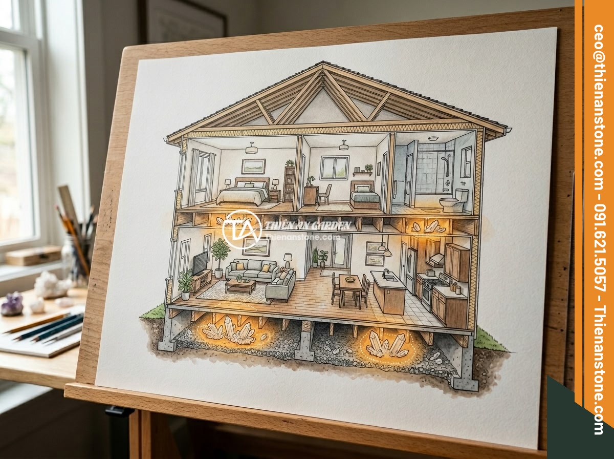 Cách Rải Đá Thạch Anh Vụn Dưới Nền Nhà Đúng Kỹ Thuật Phong Thủy - Hình 5 Cách Rải Đá Thạch Anh Vụn Dưới Nền Nhà Đúng Kỹ Thuật Phong Thủy - Interior design layout showing different rooms of a house with highlighted zones