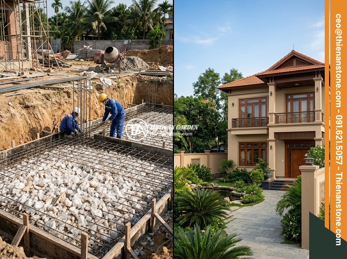 Cách Rải Đá Thạch Anh Vụn Dưới Nền Nhà Đúng Kỹ Thuật Phong Thủy - Hình 8 Cách Rải Đá Thạch Anh Vụn Dưới Nền Nhà Đúng Kỹ Thuật Phong Thủy - Before and after photos of a Vietnamese villa construction showing the quartz cr