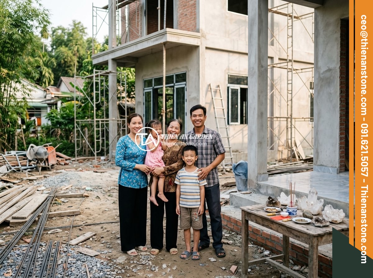 Cách Rải Đá Thạch Anh Vụn Dưới Nền Nhà Đúng Kỹ Thuật Phong Thủy - Hình 9 Cách Rải Đá Thạch Anh Vụn Dưới Nền Nhà Đúng Kỹ Thuật Phong Thủy - Happy Vietnamese family standing in front of their newly built house with feng s