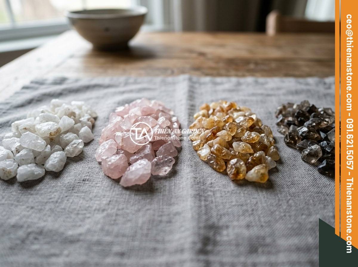 Cách Tính Lượng Đá Thạch Anh Vụn Cần Dùng Khi Rải Nền Nhà Chính Xác - Hình 1 Cách Tính Lượng Đá Thạch Anh Vụn Cần Dùng Khi Rải Nền Nhà Chính Xác - Various types of crushed quartz stones in different colors including white, pink