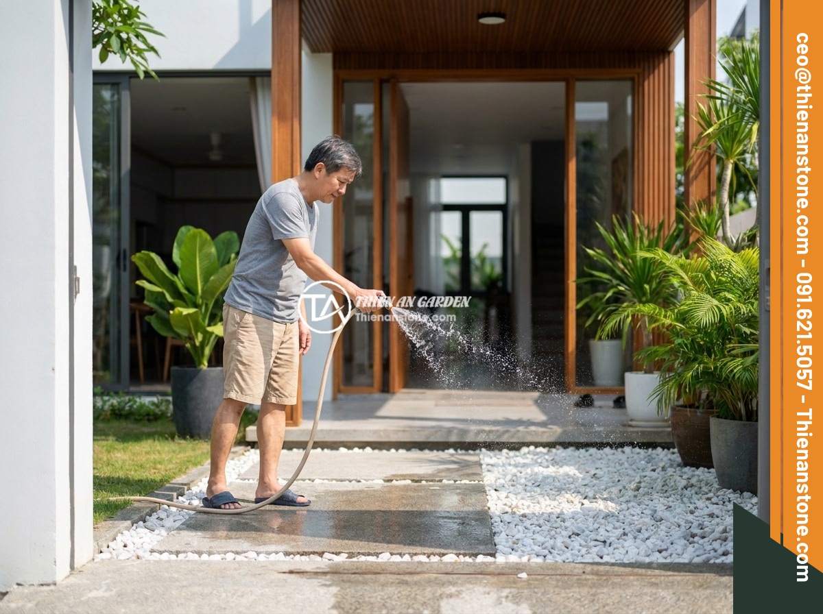 Cách Tính Lượng Đá Thạch Anh Vụn Cần Dùng Khi Rải Nền Nhà Chính Xác - Hình 11 Cách Tính Lượng Đá Thạch Anh Vụn Cần Dùng Khi Rải Nền Nhà Chính Xác - A homeowner using a garden hose to clean and maintain a layer of white crushed q