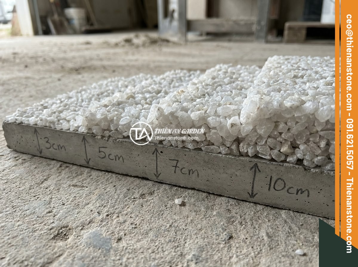 Cách Tính Lượng Đá Thạch Anh Vụn Cần Dùng Khi Rải Nền Nhà Chính Xác - Hình 2 Cách Tính Lượng Đá Thạch Anh Vụn Cần Dùng Khi Rải Nền Nhà Chính Xác - Cross-section diagram showing different thicknesses of crushed quartz stone laye