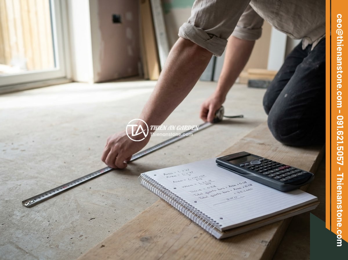 Cách Tính Lượng Đá Thạch Anh Vụn Cần Dùng Khi Rải Nền Nhà Chính Xác - Hình 3 Cách Tính Lượng Đá Thạch Anh Vụn Cần Dùng Khi Rải Nền Nhà Chính Xác - A person using a measuring tape to measure floor area for crushed quartz stone c