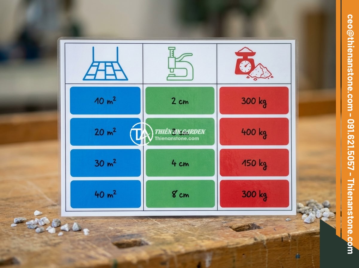 Cách Tính Lượng Đá Thạch Anh Vụn Cần Dùng Khi Rải Nền Nhà Chính Xác - Hình 4 Cách Tính Lượng Đá Thạch Anh Vụn Cần Dùng Khi Rải Nền Nhà Chính Xác - An infographic table showing the relationship between floor area, quartz stone l
