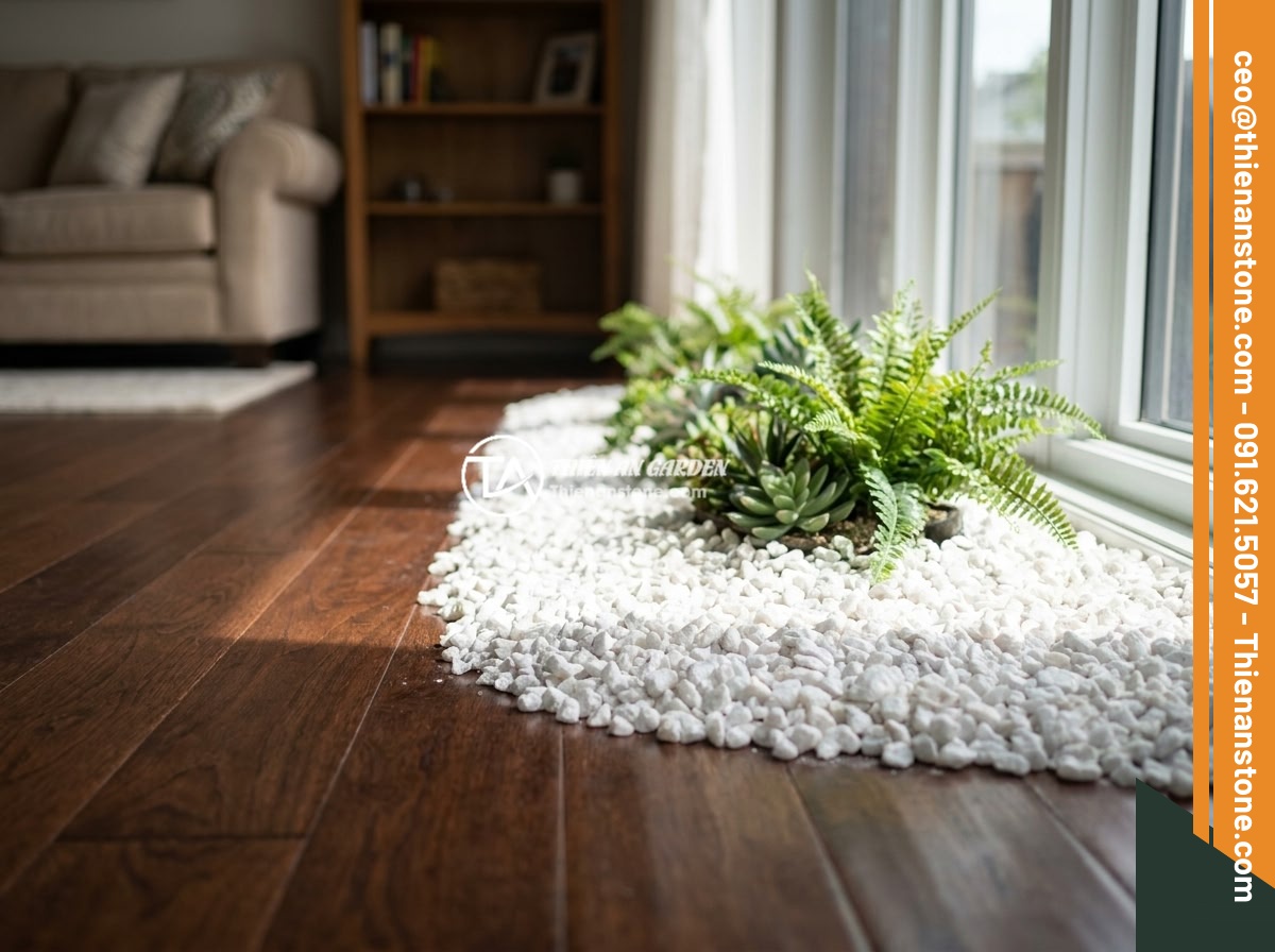 Cách Tính Lượng Đá Thạch Anh Vụn Cần Dùng Khi Rải Nền Nhà Chính Xác - Hình 8 Cách Tính Lượng Đá Thạch Anh Vụn Cần Dùng Khi Rải Nền Nhà Chính Xác - A beautifully finished living room floor with a layer of white crushed quartz st