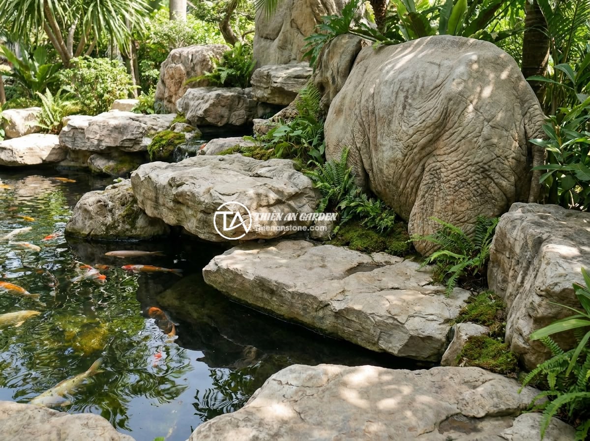 Cách Vệ Sinh Và Bảo Quản Đá Da Voi Định Kỳ Để Giữ Độ Bền Và Vẻ Đẹp Lâu Dài - Beautiful completed elephant skin stone garden project by Thien An Stone company