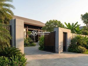 Cập Nhật Xu Hướng Mẫu Trụ Cổng Rào Đá Tự Nhiên Sang Trọng 2026 - Panoramic view of a luxury Vietnamese villa entrance featuring minimalist natura