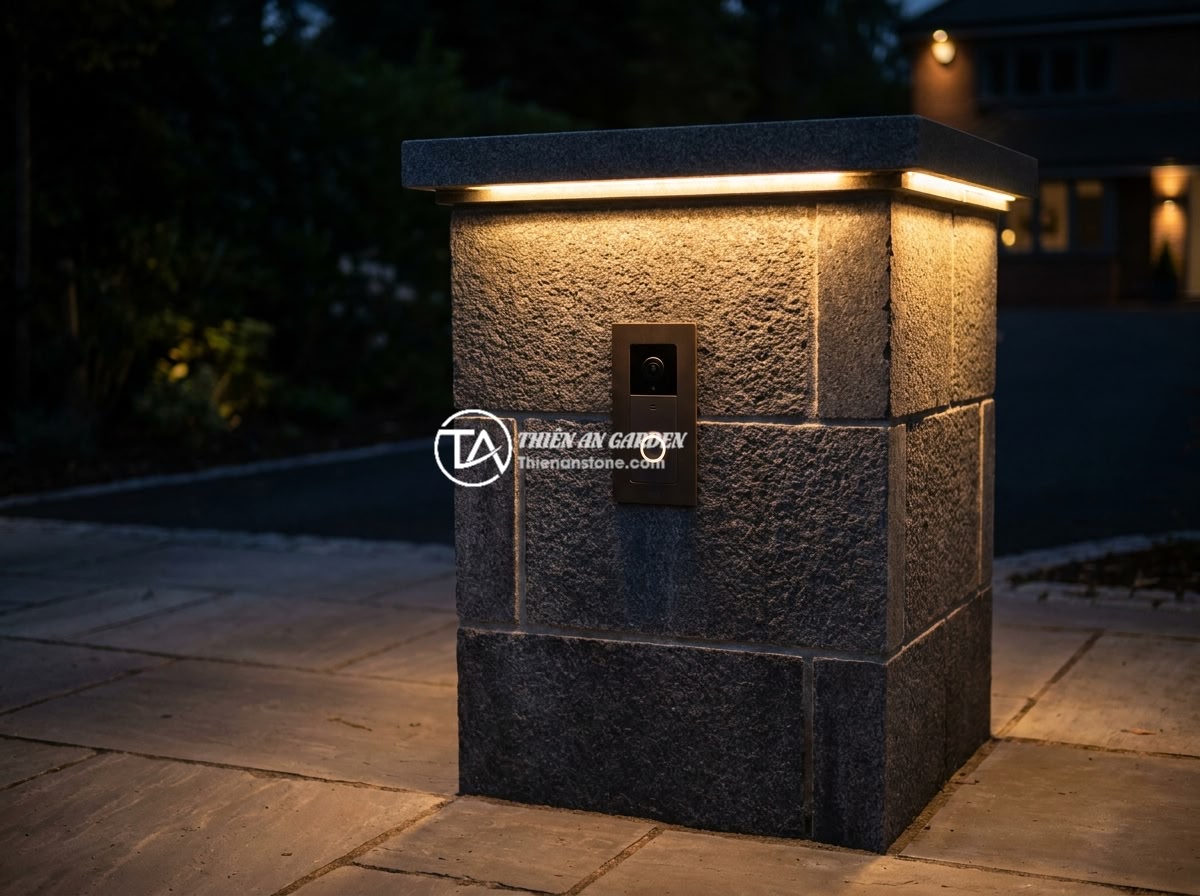 Cập Nhật Xu Hướng Mẫu Trụ Cổng Rào Đá Tự Nhiên Sang Trọng 2026 - Luxury natural stone gate pillar at night with integrated warm LED lighting and 