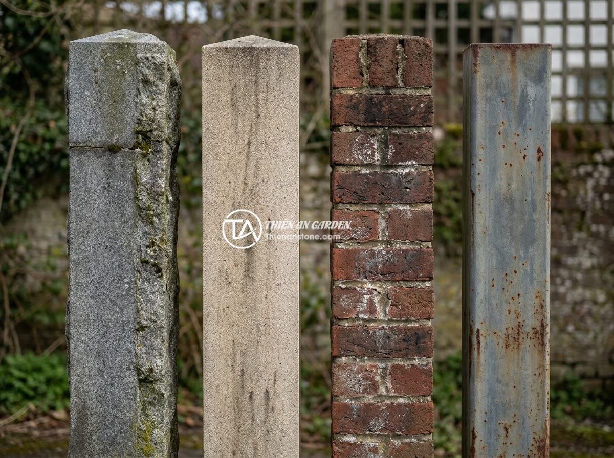 Cập Nhật Xu Hướng Mẫu Trụ Cổng Rào Đá Tự Nhiên Sang Trọng 2026 - Side-by-side comparison of four gate pillar types: natural stone, engineered sto