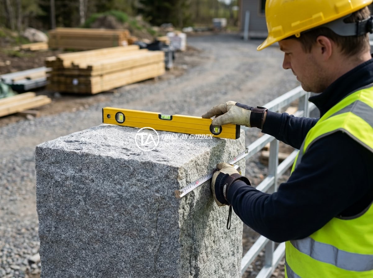Cập Nhật Xu Hướng Mẫu Trụ Cổng Rào Đá Tự Nhiên Sang Trọng 2026 - Quality control inspector checking a newly installed natural stone gate pillar w