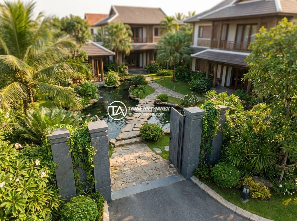 Cập Nhật Xu Hướng Mẫu Trụ Cổng Rào Đá Tự Nhiên Sang Trọng 2026 - Aerial view of a completed luxury Vietnamese villa compound showing natural ston