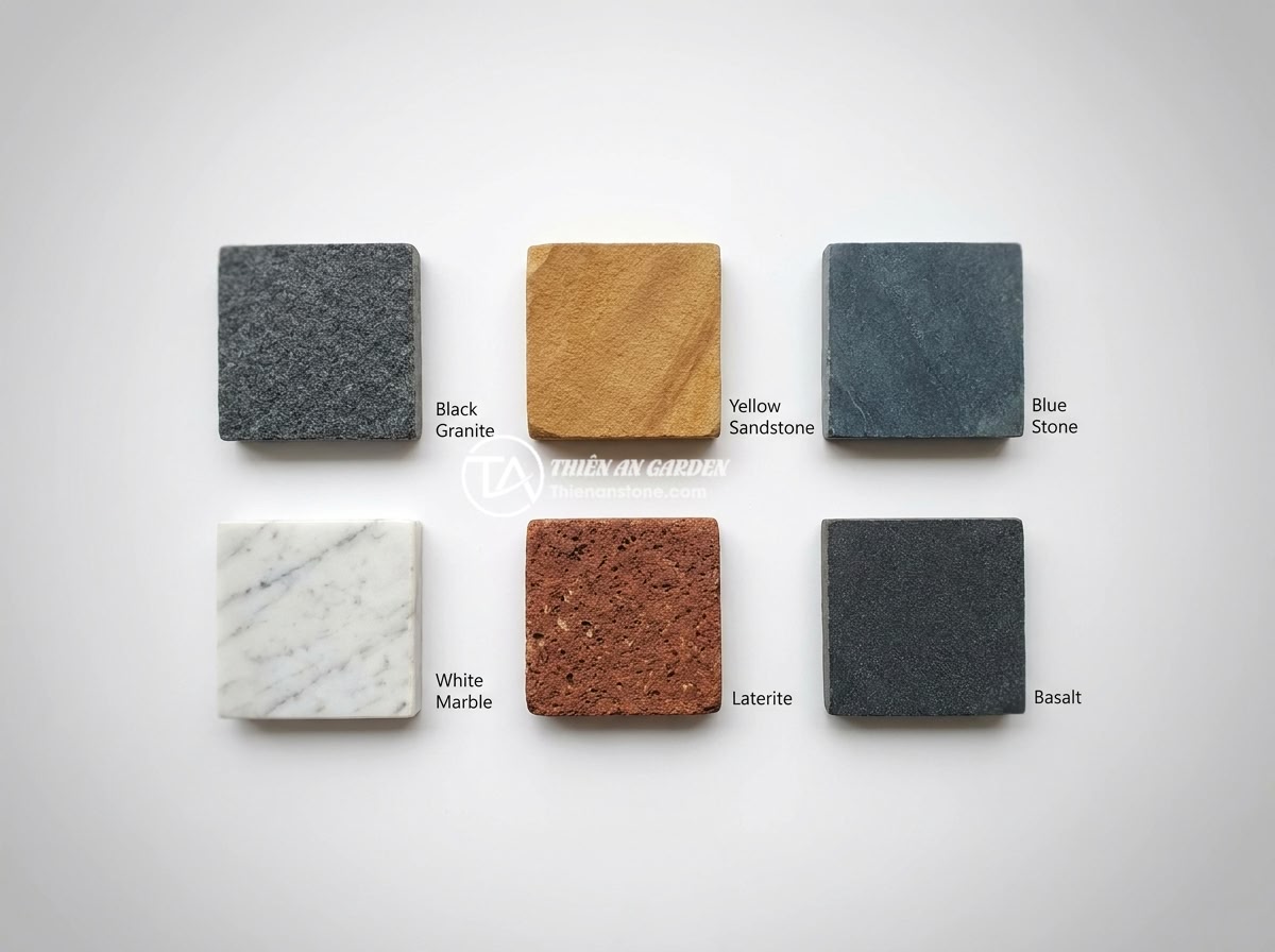 Cập Nhật Xu Hướng Mẫu Trụ Cổng Rào Đá Tự Nhiên Sang Trọng 2026 - Flat lay arrangement of six different natural stone samples including black gran