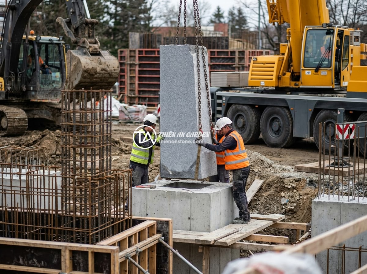 Cập Nhật Xu Hướng Mẫu Trụ Cổng Rào Đá Tự Nhiên Sang Trọng 2026 - Construction site showing workers carefully installing large natural stone gate 