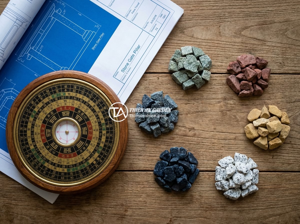 Cập Nhật Xu Hướng Mẫu Trụ Cổng Rào Đá Tự Nhiên Sang Trọng 2026 - Feng shui compass (Lo Pan) placed next to natural stone gate pillar design bluep