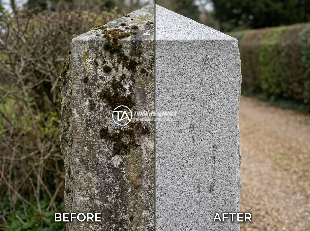 Cập Nhật Xu Hướng Mẫu Trụ Cổng Rào Đá Tự Nhiên Sang Trọng 2026 - Before and after comparison of a natural stone gate pillar cleaning and maintena