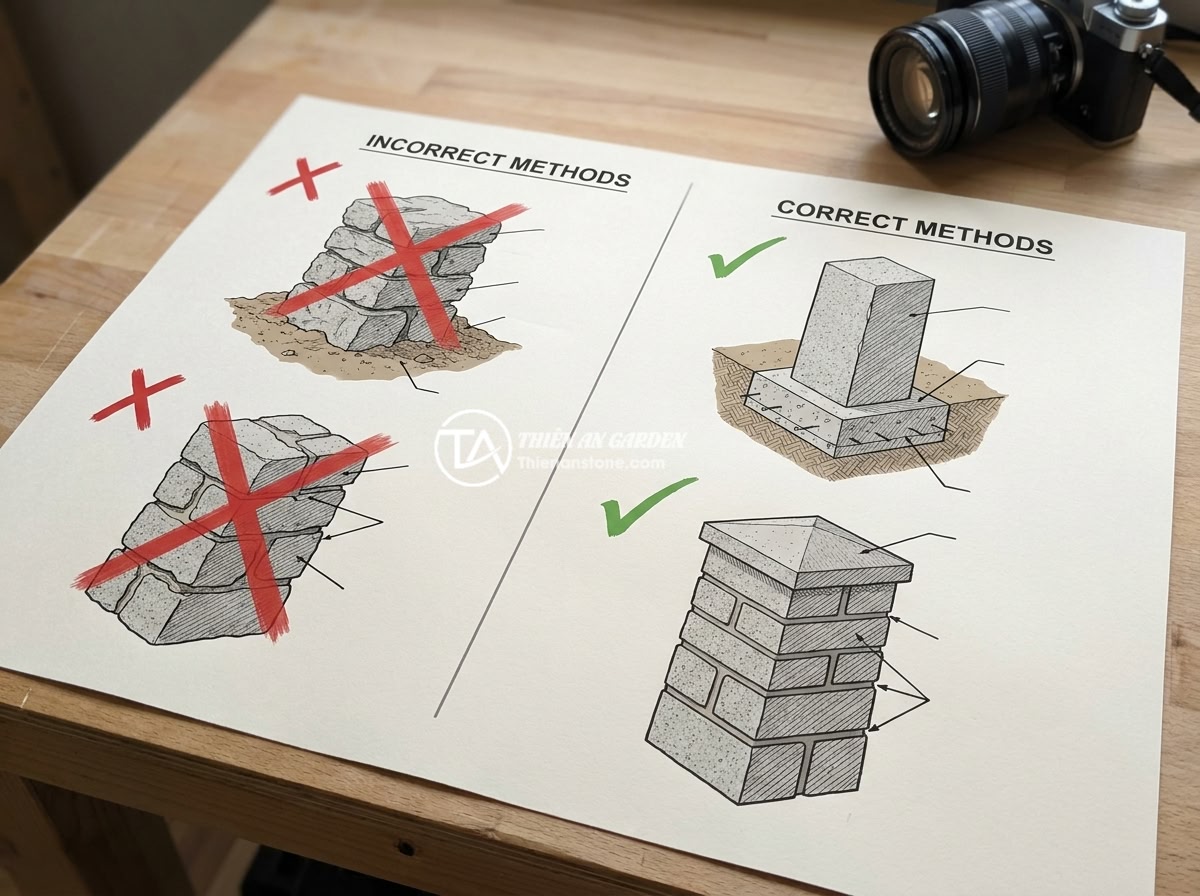 Cập Nhật Xu Hướng Mẫu Trụ Cổng Rào Đá Tự Nhiên Sang Trọng 2026 - Educational diagram showing common mistakes in natural stone gate pillar constru