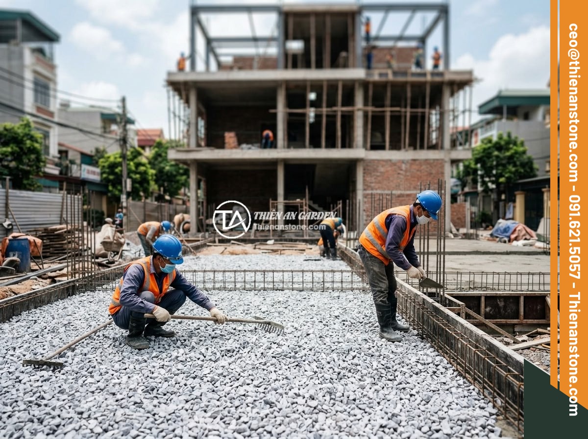 Case Study: Dự Án Nhà Ở Hà Nội Rải Đá Thạch Anh Vụn Dưới Nền Và Kết Quả - A modern three-story townhouse in Hanoi Long Bien district under construction, s