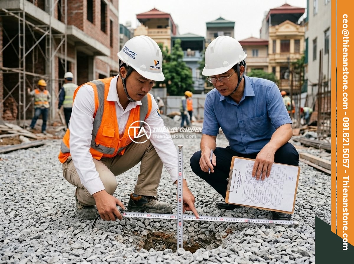 Case Study: Dự Án Nhà Ở Hà Nội Rải Đá Thạch Anh Vụn Dưới Nền Và Kết Quả - A homeowner and construction engineer inspecting and measuring the thickness of 