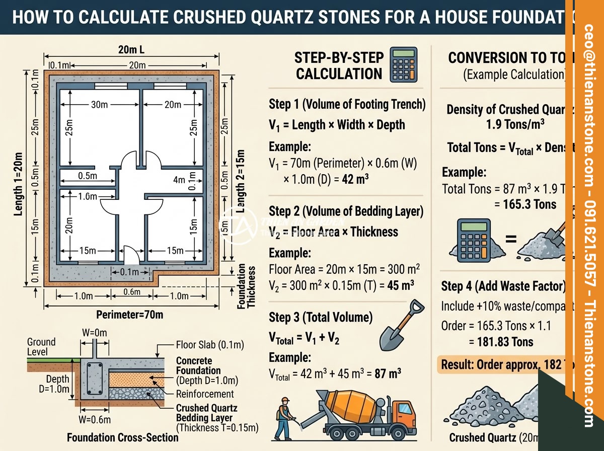 Case Study: Dự Án Nhà Ở Hà Nội Rải Đá Thạch Anh Vụn Dưới Nền Và Kết Quả - Infographic diagram showing how to calculate the amount of crushed quartz stones