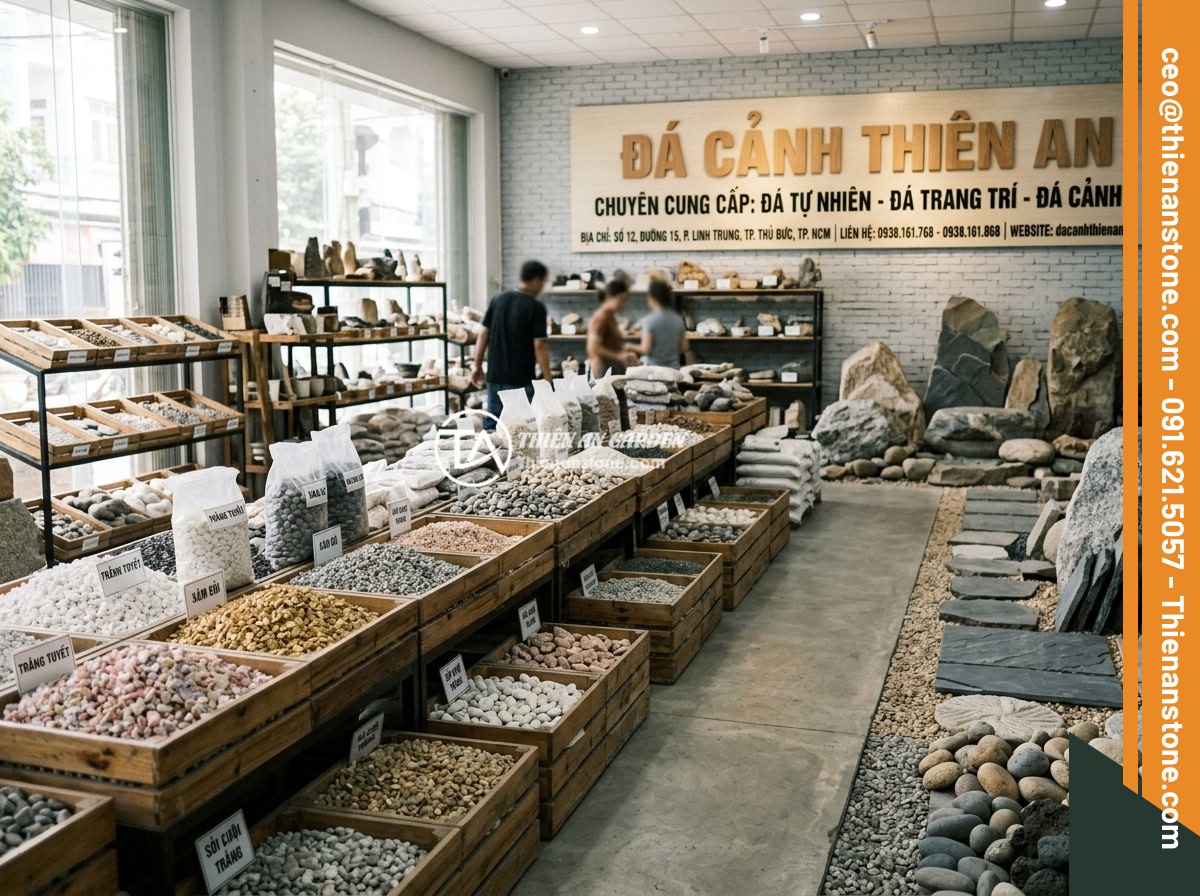 Case Study: Dự Án Nhà Ở Hà Nội Rải Đá Thạch Anh Vụn Dưới Nền Và Kết Quả - Professional photo of Da Canh Thien An showroom displaying various types of natu