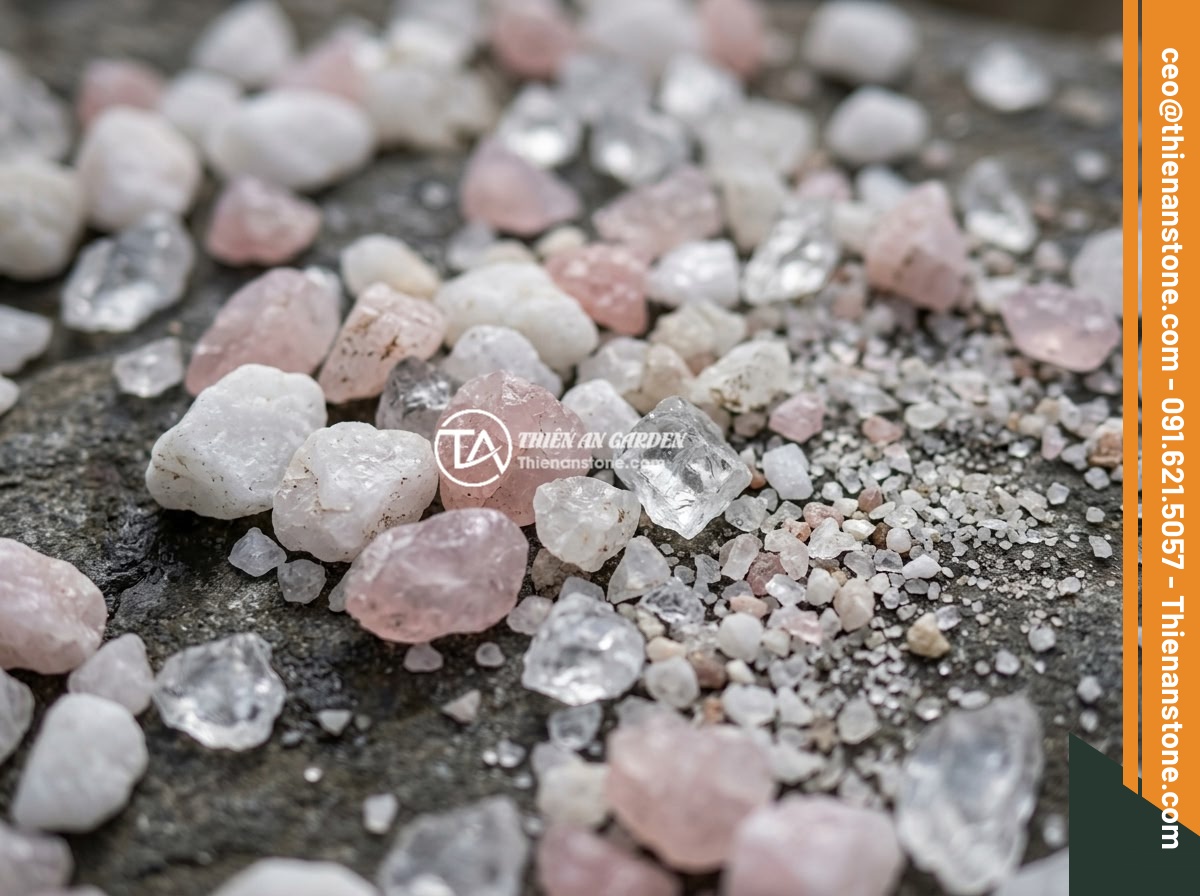 Case Study: Dự Án Nhà Ở Hà Nội Rải Đá Thạch Anh Vụn Dưới Nền Và Kết Quả - Close-up view of various types of crushed quartz stones including white, pink, a