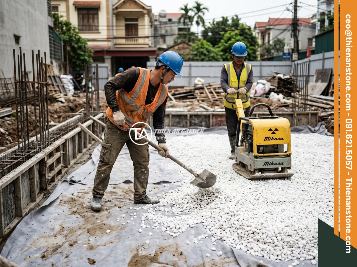 Case Study: Dự Án Nhà Ở Hà Nội Rải Đá Thạch Anh Vụn Dưới Nền Và Kết Quả - Construction workers spreading and compacting a thick layer of white crushed qua