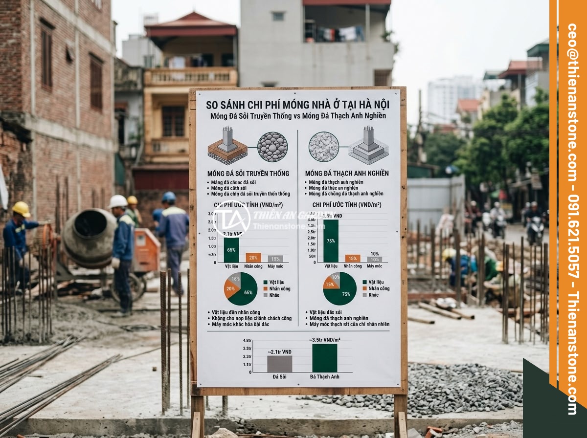 Case Study: Dự Án Nhà Ở Hà Nội Rải Đá Thạch Anh Vụn Dưới Nền Và Kết Quả - An infographic showing cost comparison between traditional gravel foundation and