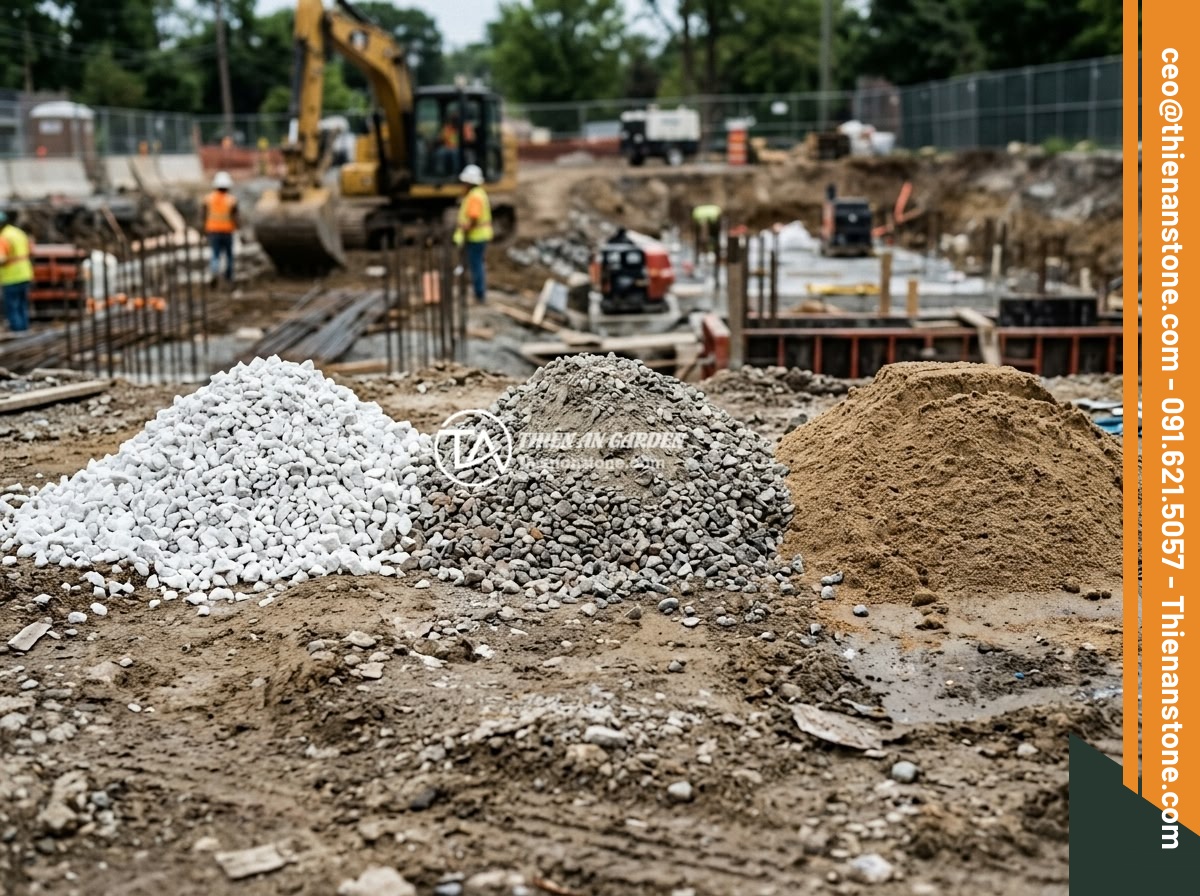 Case Study: Dự Án Nhà Ở Hà Nội Rải Đá Thạch Anh Vụn Dưới Nền Và Kết Quả - Side-by-side comparison photos of three foundation material types: white crushed