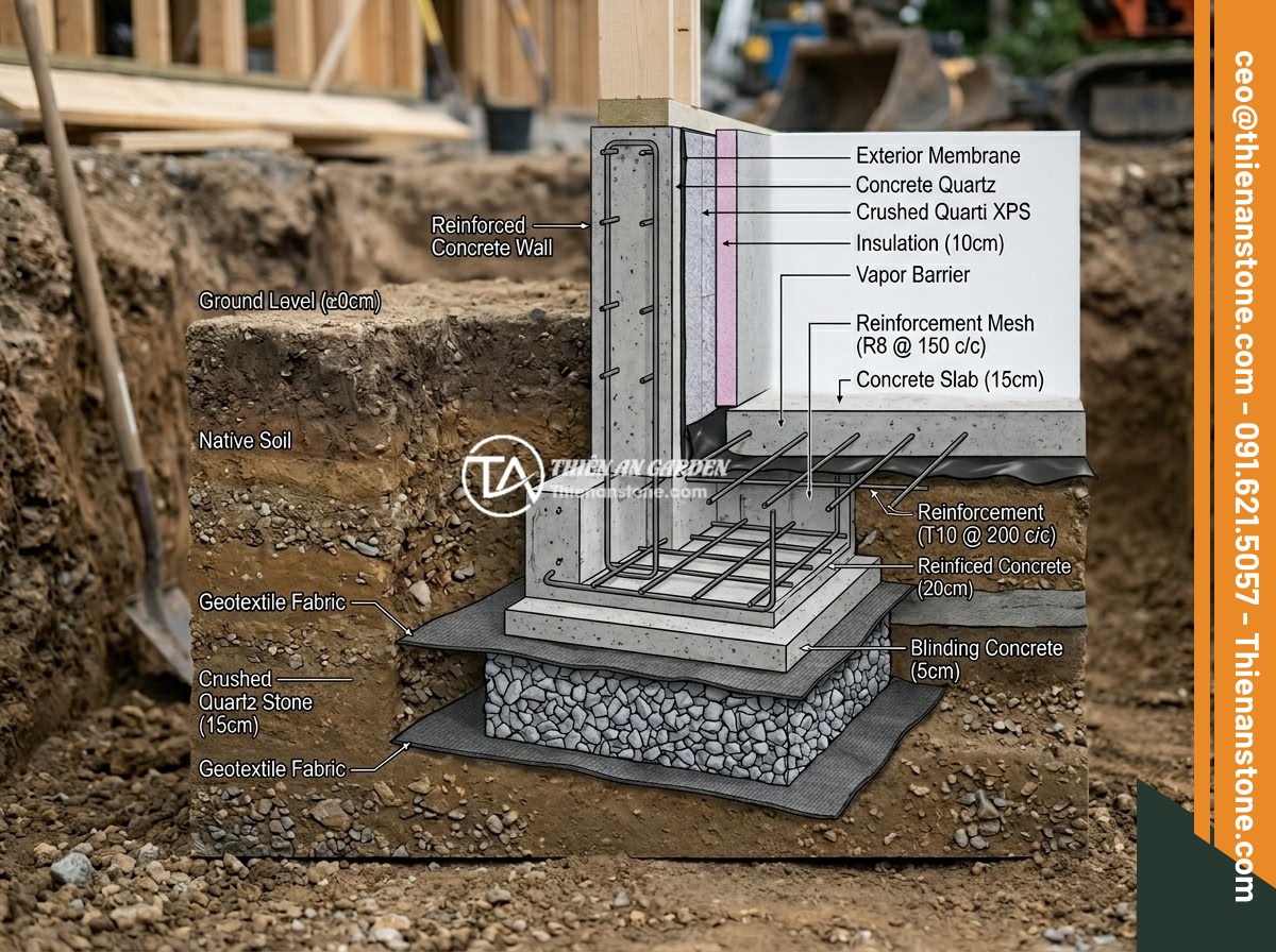 Case Study: Dự Án Nhà Ở Hà Nội Rải Đá Thạch Anh Vụn Dưới Nền Và Kết Quả - Technical cross-section diagram showing layers of a house foundation with crushe