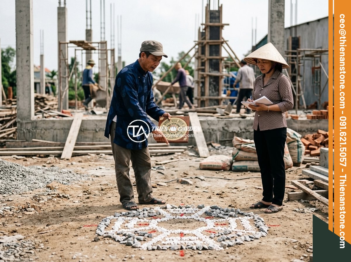 Case Study: Dự Án Nhà Ở Hà Nội Rải Đá Thạch Anh Vụn Dưới Nền Và Kết Quả - A Vietnamese feng shui expert consulting with a homeowner at a construction site